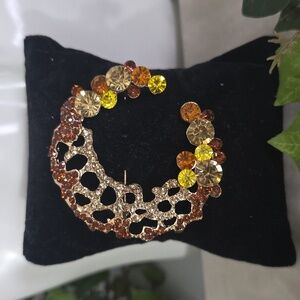 Gold Statement Crescent Moon Brooch Pin Amber Topaz Yellow Rhinestone